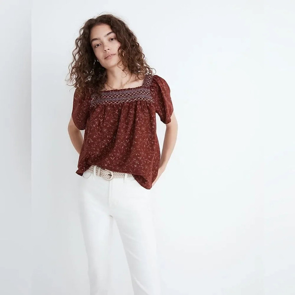 MADEWELL NWOT Square Neck Smocked Top in‎ Dotted Vines - Picture 1 of 9